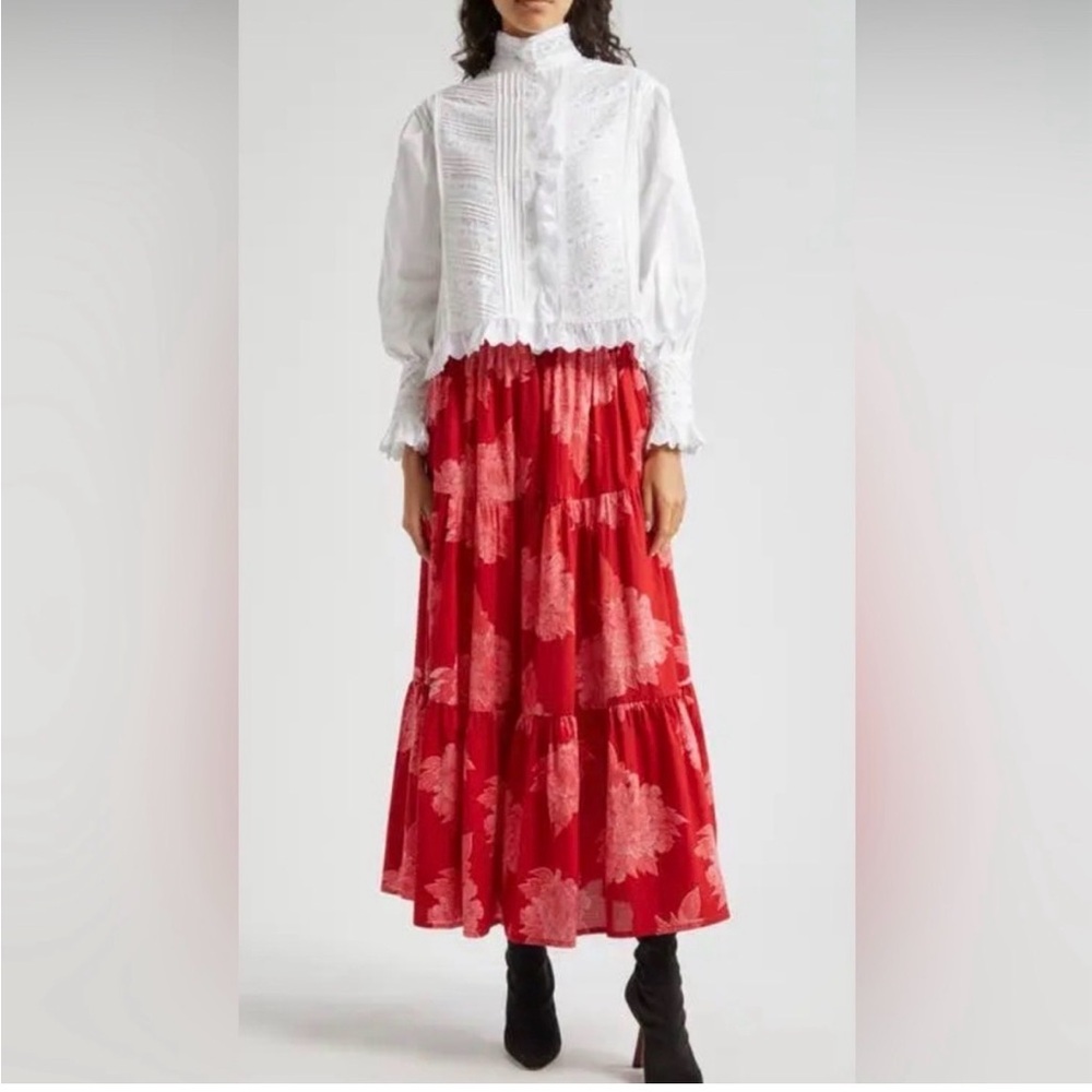 Mille Resort  Paola floral skirt for Anthropologie. Red Tiered Floral Midi Skirt